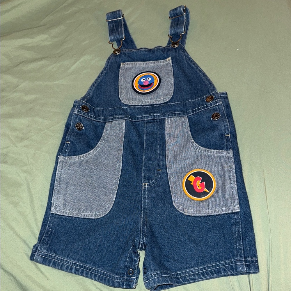 Kids Denim Sesame Street Grover Overalls with Patches